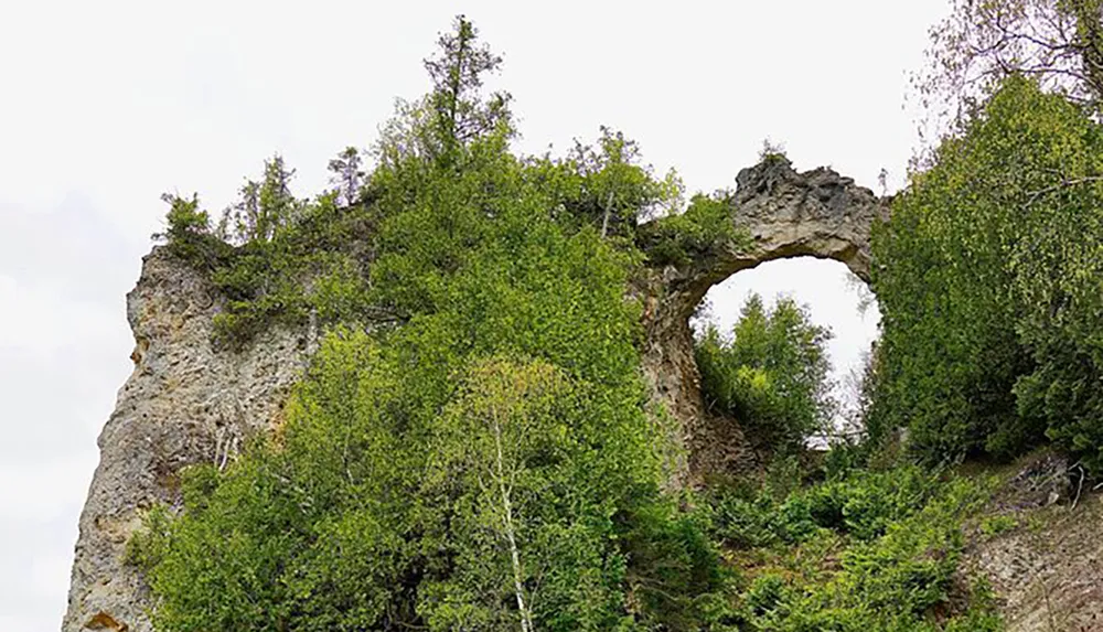 The image shows a natural rock arch covered with vegetation against a partly cloudy sky