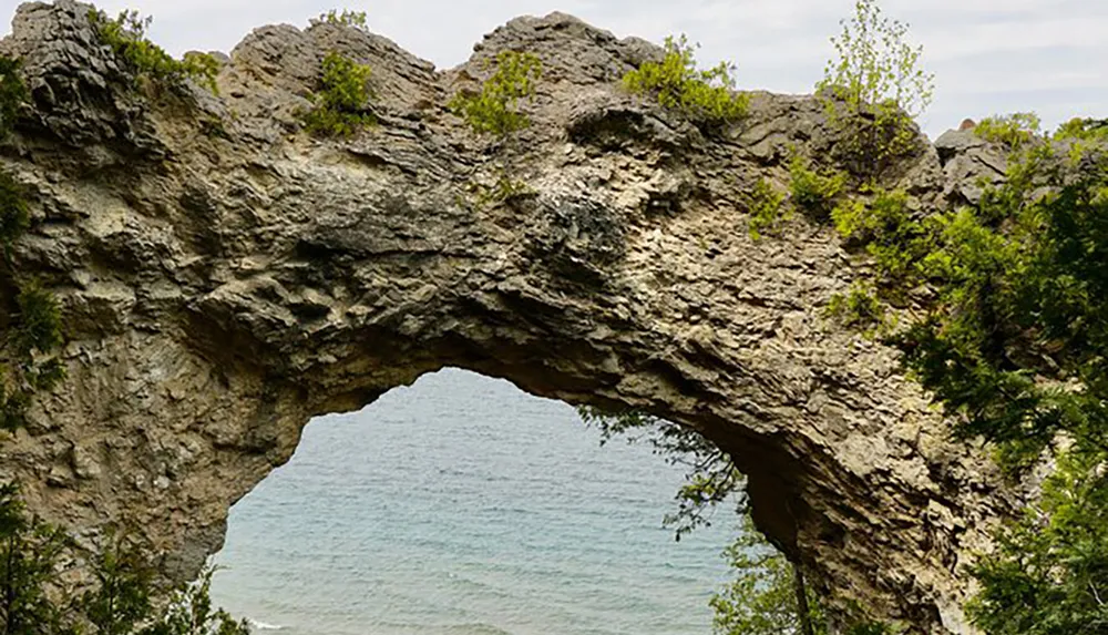 The image shows a natural rock arch with vegetation on its surface overlooking a body of water