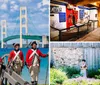 Individuals dressed in historical military uniforms stand beside a cannon with a large suspension bridge in the background