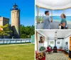 A couple is enjoying a sunny day outdoors while the man points at a historic lighthouse and adjacent building possibly discussing the site or preparing to take a photo