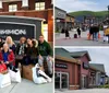 A group of smiling people with shopping bags are posing in front of the Woodbury Common Premium Outlets sign