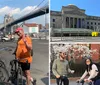 Three people wearing bicycle helmets are posing for a photo with a backdrop of the Brooklyn Bridge and New York City skyline