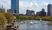 The image shows a scenic view of a river bustling with sailboats and a city skyline in the background, indicating a harmonious blend of urban life and leisure activities.