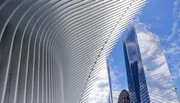 This image captures the distinctive architecture of the Oculus structure in Lower Manhattan with surrounding skyscrapers against a clear blue sky.
