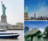 A ferry filled with passengers sails near the Statue of Liberty on a cloudy day