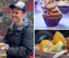 A person takes a photo of another person who is smiling and holding a tray of street food at an outdoor dining area