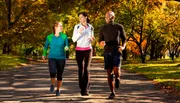 Three people are enjoying a jog together on a sunny autumn day among rows of trees with colorful fall foliage.