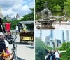 Three people are sitting in a pedal-powered rickshaw enjoying a sunny day in a park with other rickshaws and visitors in the background