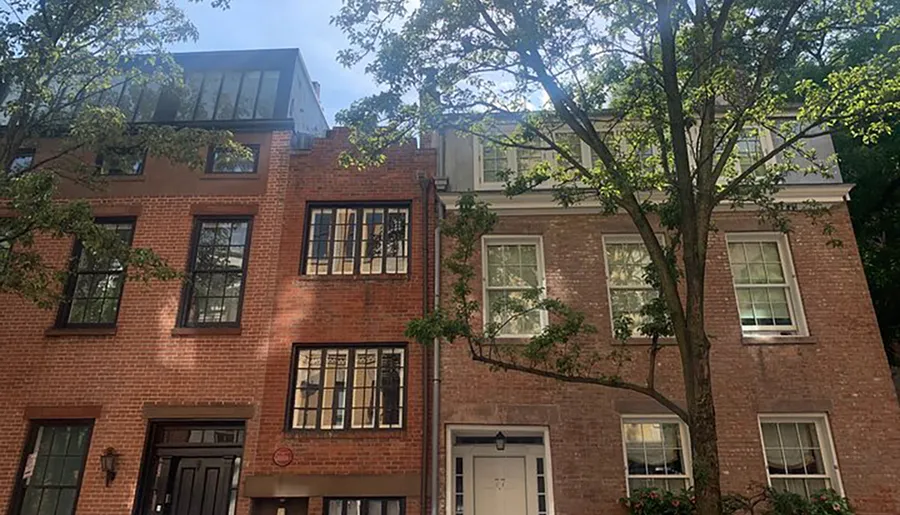 The image shows a row of charming brick townhouses obscured partially by trees on a sunny day.