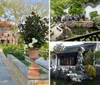 The image shows a group of people exploring a traditional Chinese garden framed through an ornate geometrically patterned window