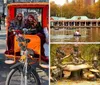 Two people are smiling and making peace signs while sitting in a red pedicab on a city street likely enjoying a leisurely tour