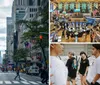 The image depicts a bustling New York City street with pedestrians yellow taxis and American flags fluttering on buildings encapsulating the vibrant urban life of the city