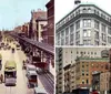 The image depicts a bustling early 20th-century street scene with an elevated train track horse-drawn carriages and vintage automobiles showcasing a vivid snapshot of urban life during that era