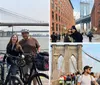 Four individuals pose with their bicycles on a waterfront with the Brooklyn Bridge in the background