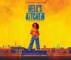 The image is a promotional poster for Hells Kitchen a new musical on Broadway featuring an individual standing on top of a building against a yellow backdrop with the New York City skyline in the distance