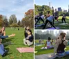 A group of people are posing joyfully on yoga mats in a sunny park with autumn foliage in the background