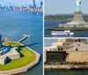 The image shows an aerial view of the Statue of Liberty with a backdrop of the Manhattan skyline and surrounding waters