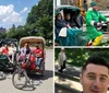 A group of smiling people enjoys a sunny day on a pedicab tour with a view of a tall historic building in the background