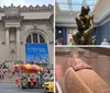 The image shows the classical facade of The Metropolitan Museum of Art in New York with a prominent red banner featuring the museums abbreviated name THE MET