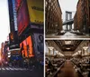 The image captures a bustling Times Square at twilight with illuminated advertisements towering over pedestrians and traffic