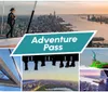 The image is a collage promoting an Adventure Pass featuring views of iconic New York City landmarks and experiences such as a person enjoying the cityscape from a high vantage point a close-up of a landmark building people on an amusement park ride aerial views of Central Park and the Statue of Liberty and a modern architectural structure