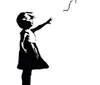 The image shows a stencil graffiti by the artist Banksy depicting a young girl reaching out toward a red heart-shaped balloon