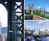 This image captures the iconic Brooklyn Bridge with its distinctive stone towers and cable arrangement in the foreground while the modern skyscrapers of Lower Manhattan including One World Trade Center create a contrasting backdrop under a clear blue sky