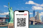 A smartphone displaying an attraction pass with a QR code is superimposed on a scenic backdrop featuring the Statue of Liberty and New York City skyline.