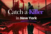 The image depicts a stylized promotional graphic for a crime-themed event or game, featuring a silhouetted figure in a hat against an industrial backdrop with the phrase 