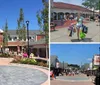 The image is a collage showing different scenes from an outdoor shopping center featuring shoppers and various retail stores in a pleasant sunny setting