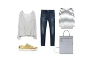 The image shows a flat lay of a casual fashionable outfit including golden sneakers, blue jeans, a grey long-sleeve top, a striped shirt, and a grey backpack.