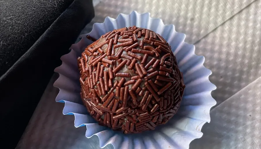 The image displays a chocolate truffle covered in sprinkles, resting in a white paper liner.