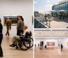 The image is a collage of four photos showcasing different scenes from a modern art museum including interior galleries with visitors viewing artworks an outdoor terrace cafe and a multi-story area with hanging lights