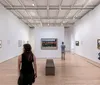 The image is a collage of four photos showcasing different scenes from a modern art museum including interior galleries with visitors viewing artworks an outdoor terrace cafe and a multi-story area with hanging lights