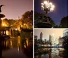 The image captures a beautifully lit angelic statue atop a fountain with water reflections in a serene park at twilight