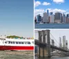 A red and white boat named THE MANHATTAN is filled with passengers near the Statue of Liberty under a clear blue sky