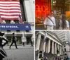 The image shows a bronze statue of a girl facing the New York Stock Exchange building which is adorned with a large American flag and a banner reading TOGETHER WERE STRONG