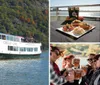 A sightseeing boat with passengers on deck is cruising on a river with a backdrop of a hillside displaying fall foliage