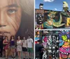 A group of people is standing in front of a large mural that features a hyper-realistic face of a woman showcasing striking details especially in the eyes