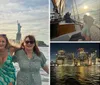 Four people are smiling and posing for a photo with the Statue of Liberty in the background likely taken from a boat or waterfront in New York