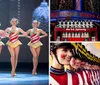 A group of dancers in matching candy cane-inspired costumes perform in a festive setting adorned with large hanging ornaments