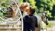 A couple in wedding attire shares a kiss beside a white, horse-drawn carriage in a sunlit setting.