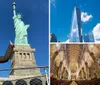 A person is posing with their hands up appearing to mimic the stance of the Statue of Liberty which is prominently featured in the background under a clear blue sky