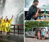 A group of people wearing yellow rain ponchos are cheerfully posing in front of a powerful misty waterfall