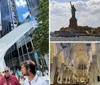 This image captures a bustling street scene in front of the distinctive wing-like structure of the Oculus in New York City with pedestrians engaging in various activities under a blue sky peppered with clouds