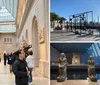 Visitors explore an art gallery featuring classical sculptures and architectural designs with natural light coming in from a glass ceiling