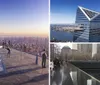 This image shows people enjoying a panoramic view of a city skyline from a high observation deck with glass floor panels