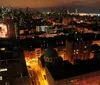 The image captures a vibrant nighttime cityscape with illuminated streets and buildings a prominent domed structure in the foreground and a backdrop of densely packed urban towers under a dark sky