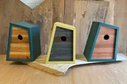 The image shows three wooden birdhouses with different color accents, set against a rustic wooden background.