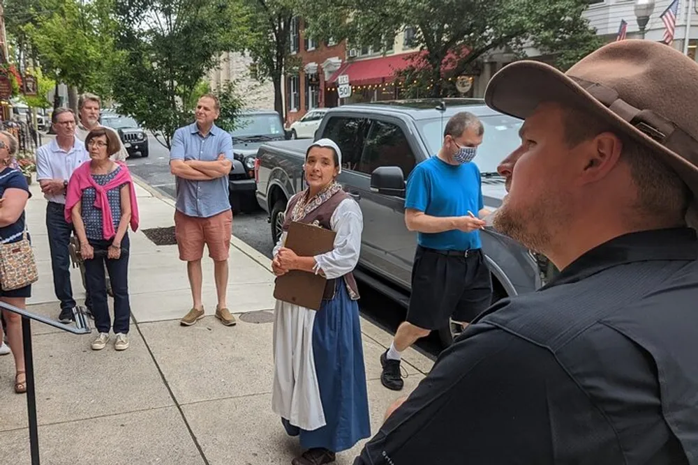 A group of people listens attentively to a woman in historical costume speaking possibly during a guided tour on a city sidewalk